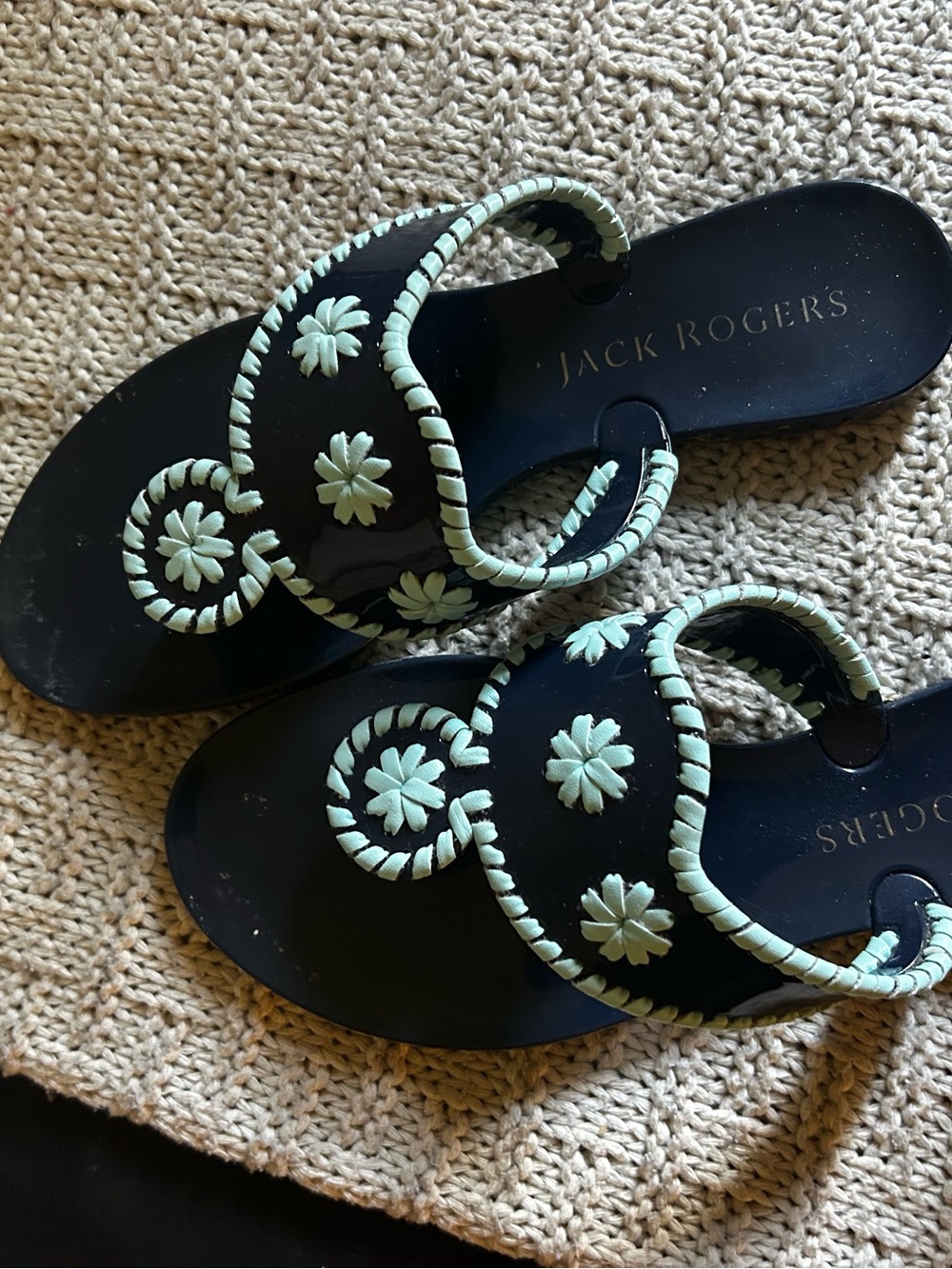 Jack Rogers Black Leather Sandals with Light Mint Embroidery